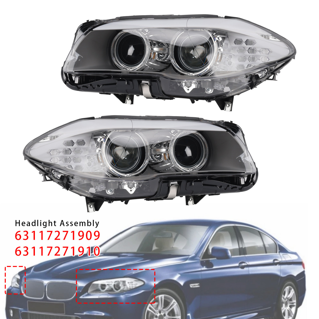 2010-2013 BMW 5 Series F10 F11 Xenon LED DRL Left+Right Headlight 63117271909 63117271910 Generic