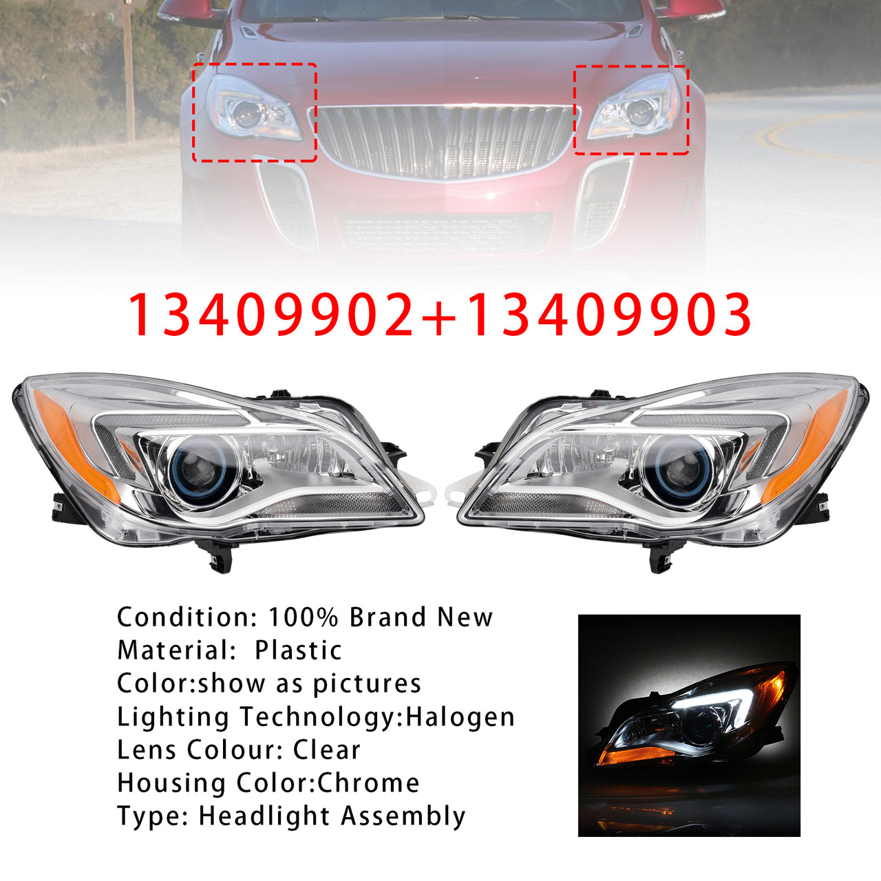 2014-2017 Buick Regal Halogen Left+Right Headlight 13409902 13409903 Generic