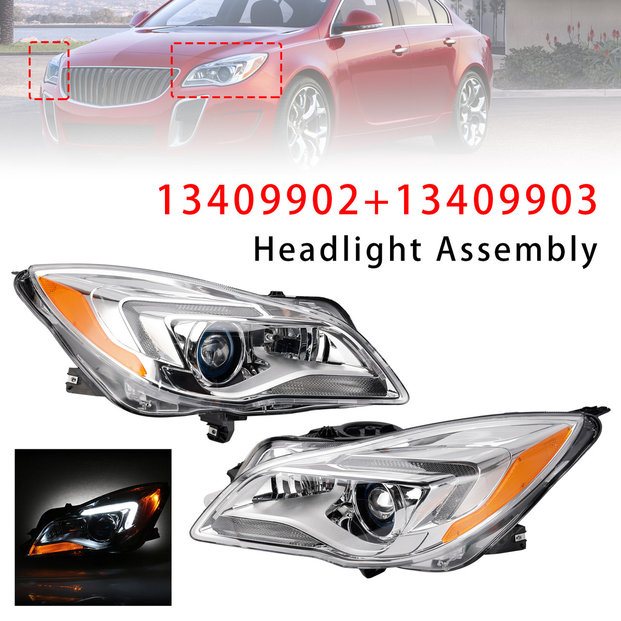 2014-2017 Buick Regal Halogen Left+Right Headlight 13409902 13409903 Generic