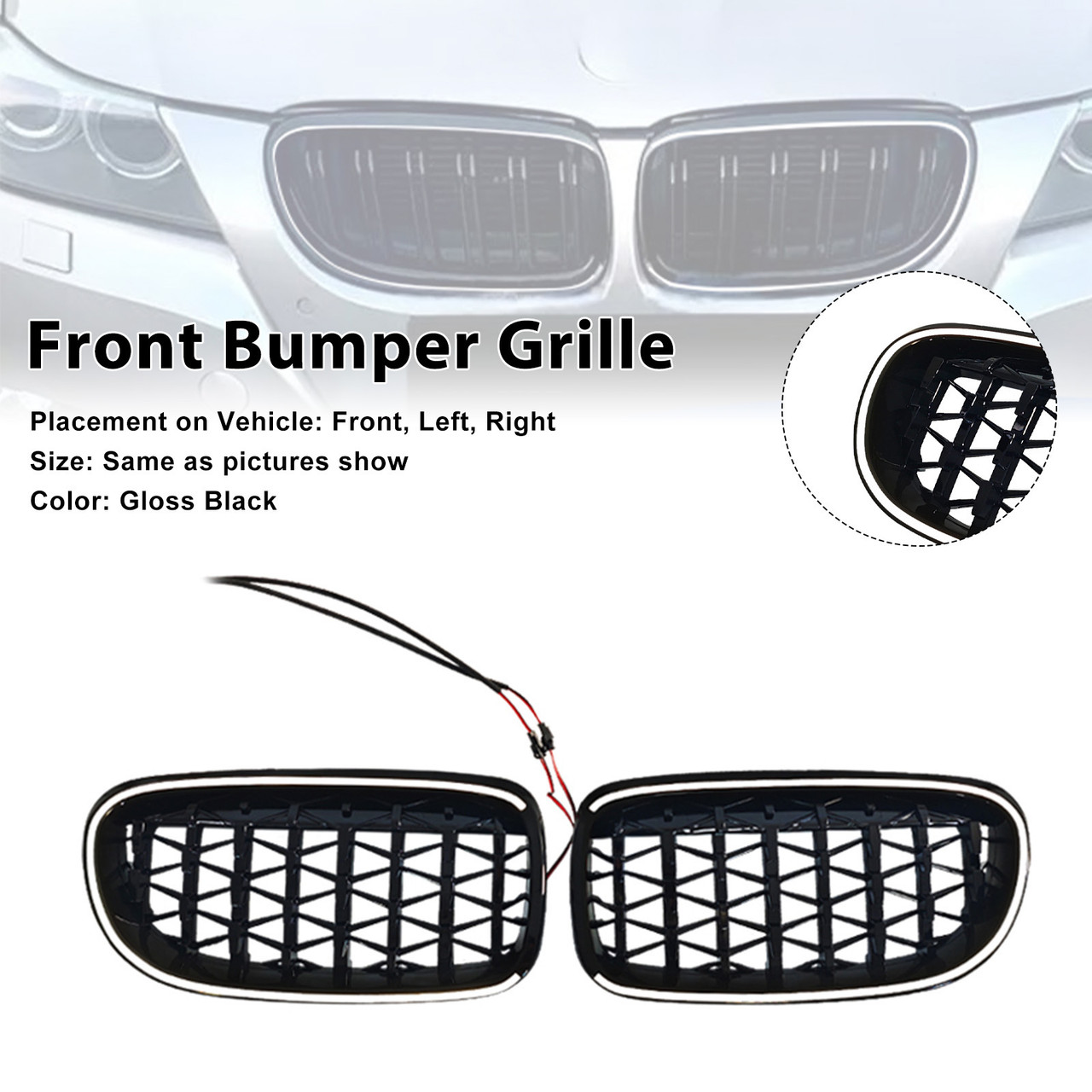 2009-2011 BMW 3 Series E90/E91 Diamond Front Kidney Grille Gloss Black Generic