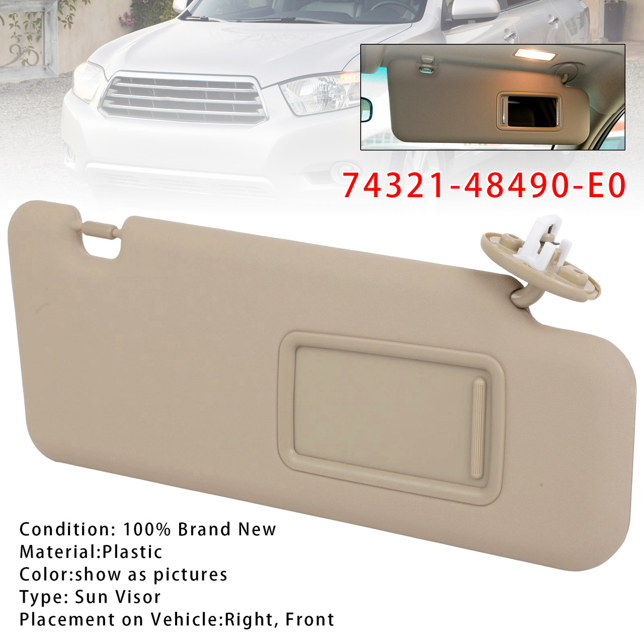 2008-2013 Toyota Highlander Beige Right Side Sun Visor 74321-48490-E0