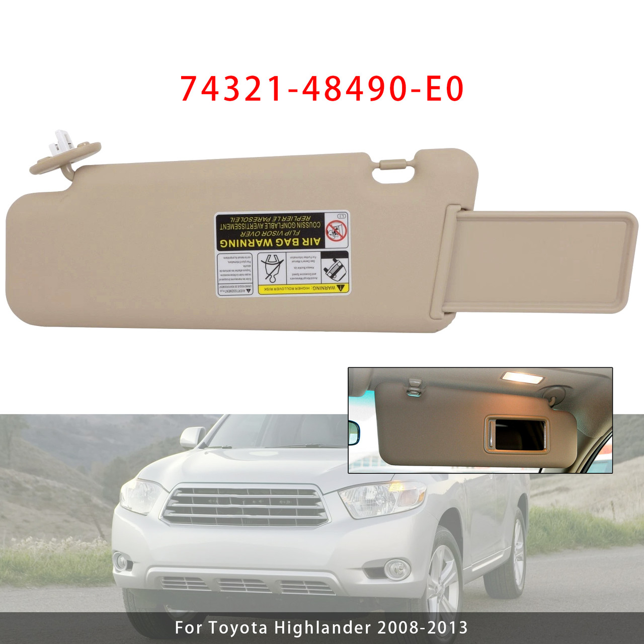 2008-2013 Toyota Highlander Beige Right Side Sun Visor 74321-48490-E0