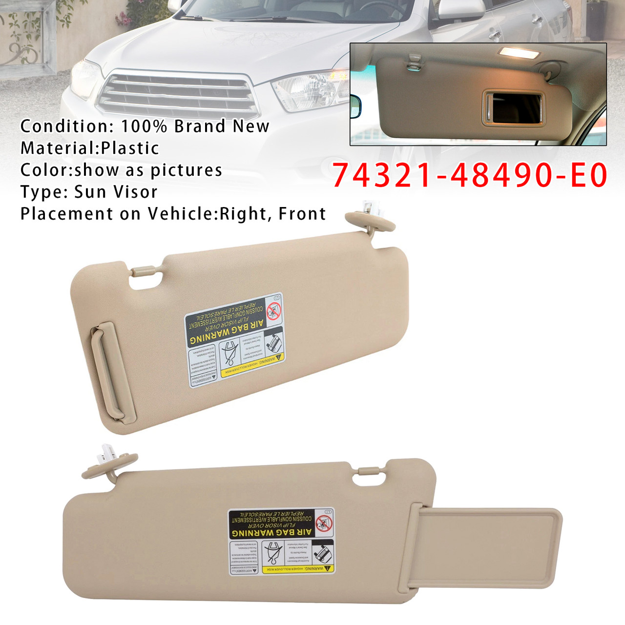 2008-2013 Toyota Highlander Pair Beige Sun Visor 74321-48490-E0 Generic