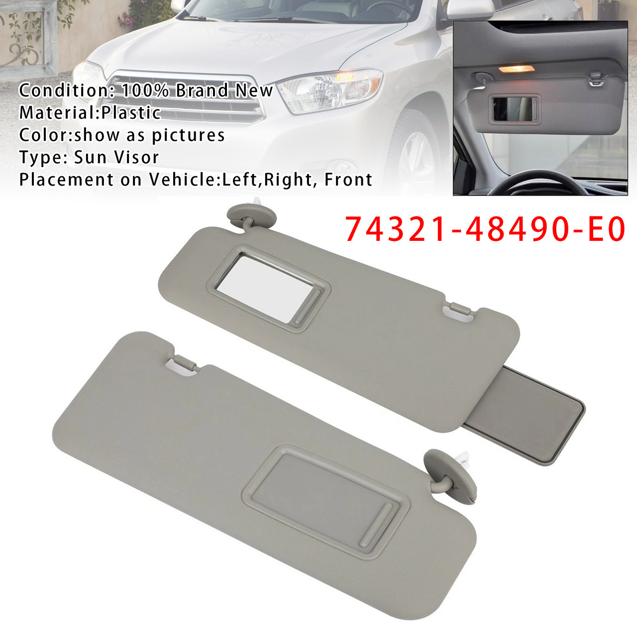 2008-2013 Toyota Highlander Pair Gray Sun Visor 74321-48490-E0 Generic