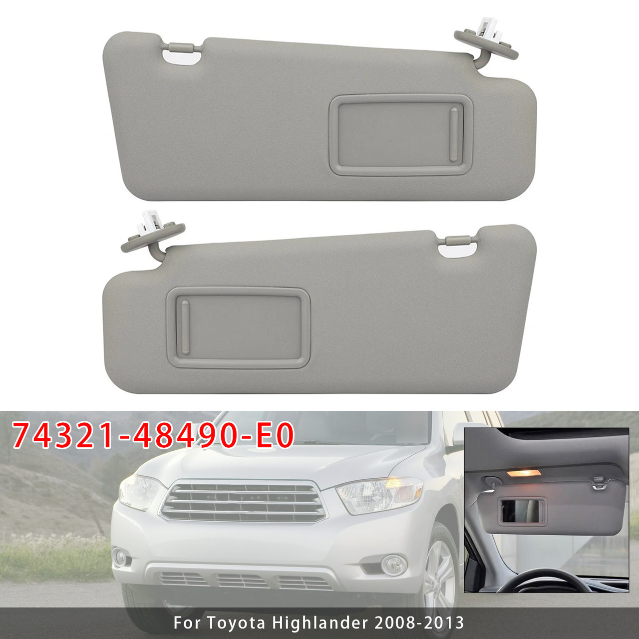 2008-2013 Toyota Highlander Pair Gray Sun Visor 74321-48490-E0 Generic
