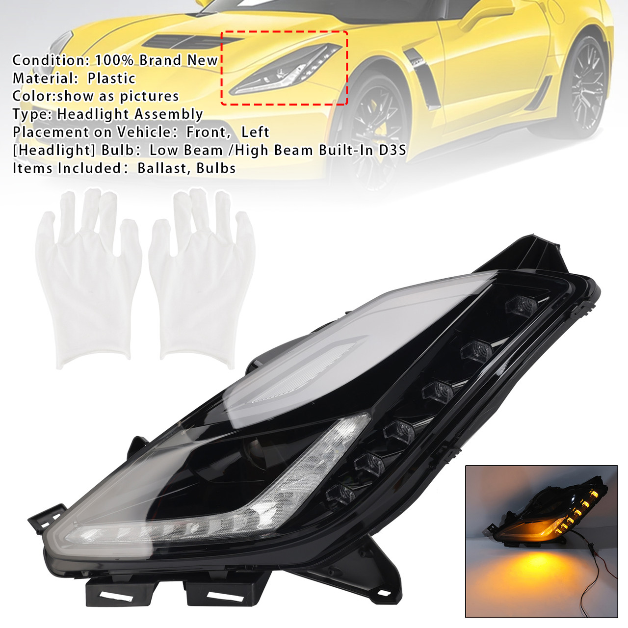 2014-2019 Chevy Corvette C7 Z06 Left HID Xenon Headlight Assembly W/ Ballast 8pin Generic