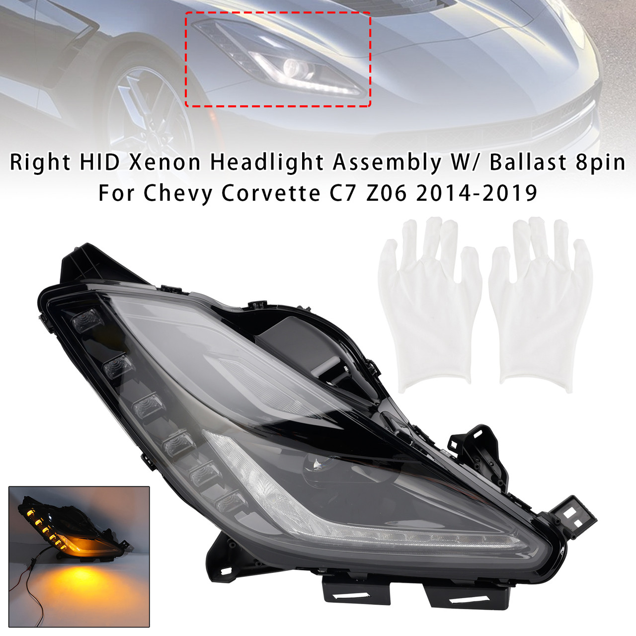 2014-2019 Chevy Corvette C7 Z06 Right HID Xenon Headlight Assembly W/ Ballast 8pin Generic