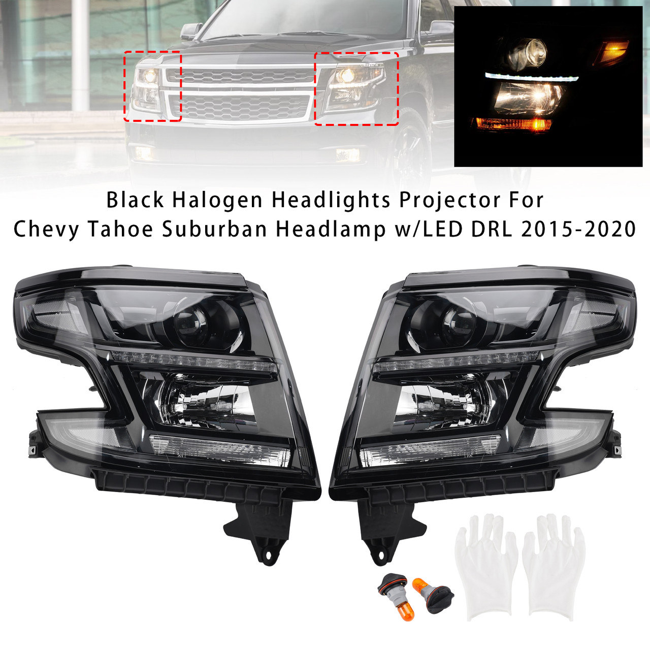 2015-2020 Chevy Tahoe Suburban Halogen Headlights Projector Black Generic
