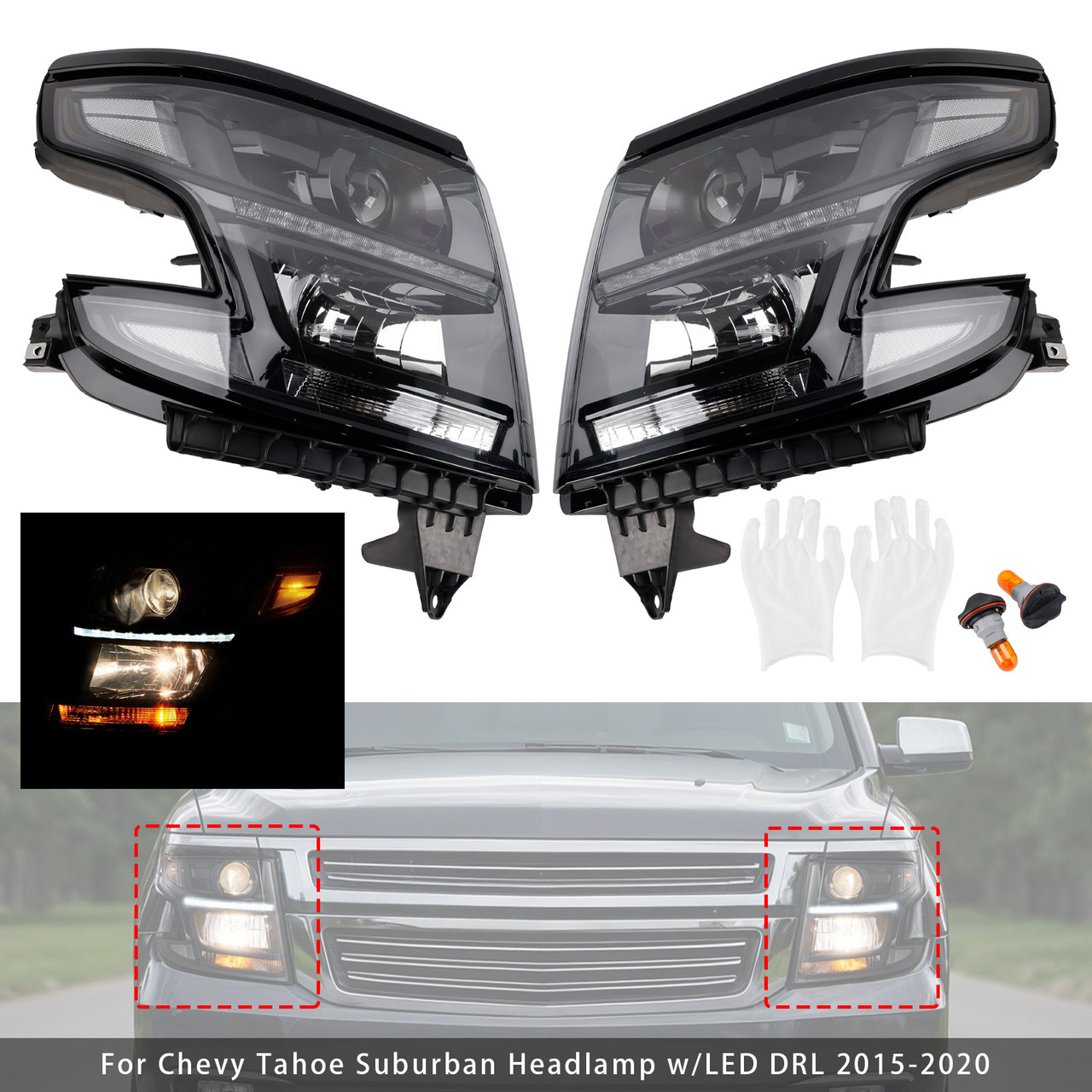 2015-2020 Chevy Tahoe Suburban Halogen Headlights Projector Black Generic