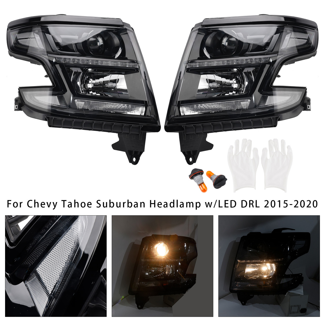 2015-2020 Chevy Tahoe Suburban Halogen Headlights Projector Black Generic