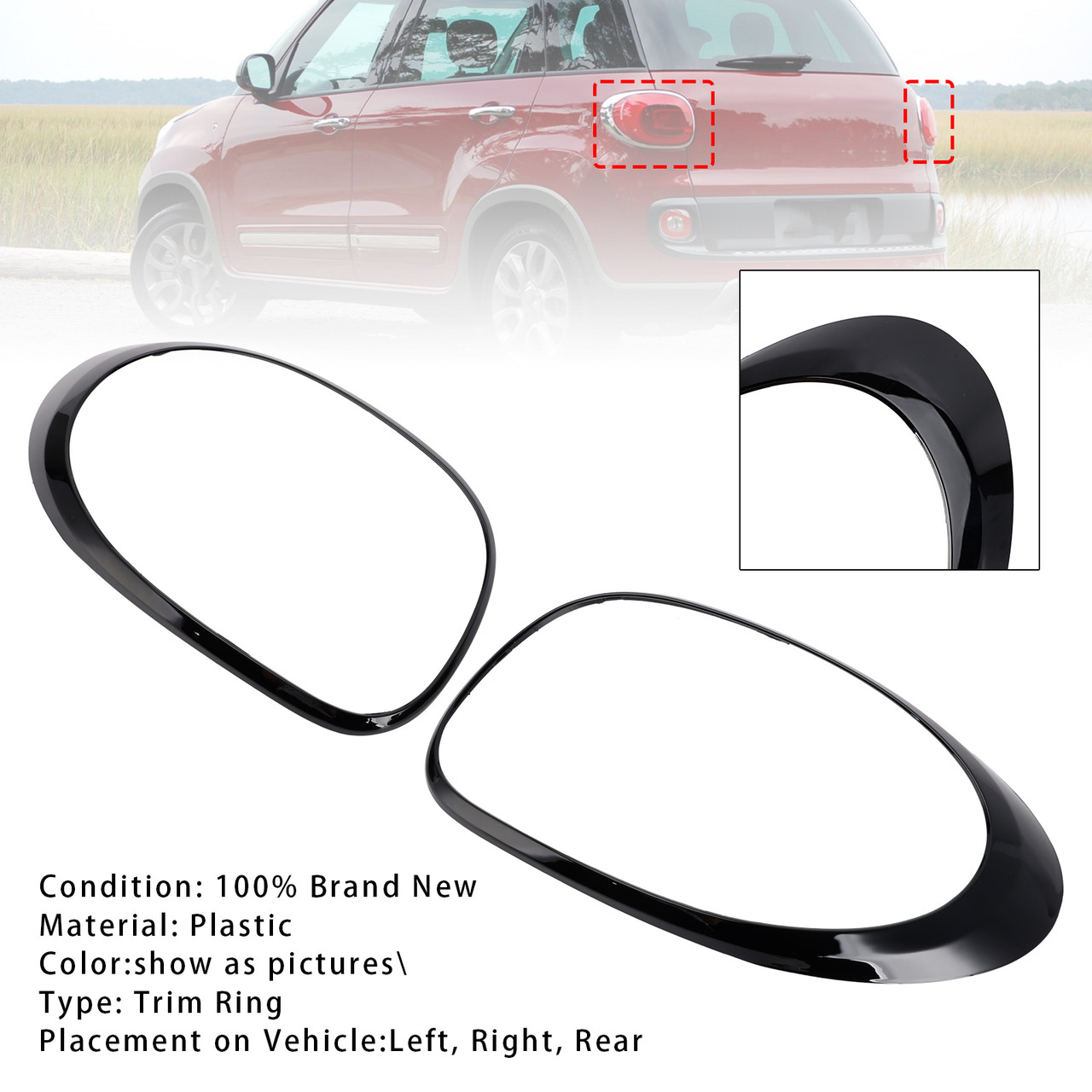 2014-2020 Fiat 500L Left+Right Rear Taillight Lamp Trim Ring Black Generic