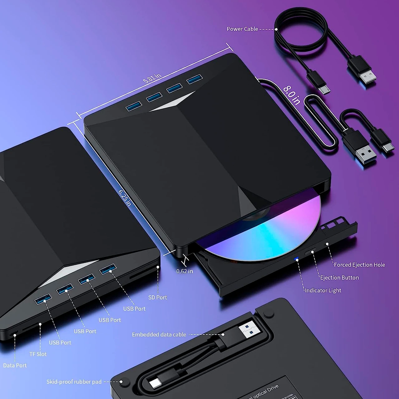 7 IN 1 BD Burner External Drive 4K Blue Ray Burner BD-RW BD DVD RW Disc Writer