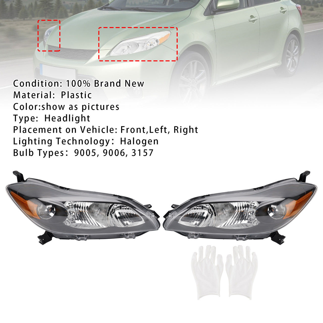 2009-2014 Toyota Matrix Left+Right Headlights Assembly Headlamp 8115002650 Black Generic