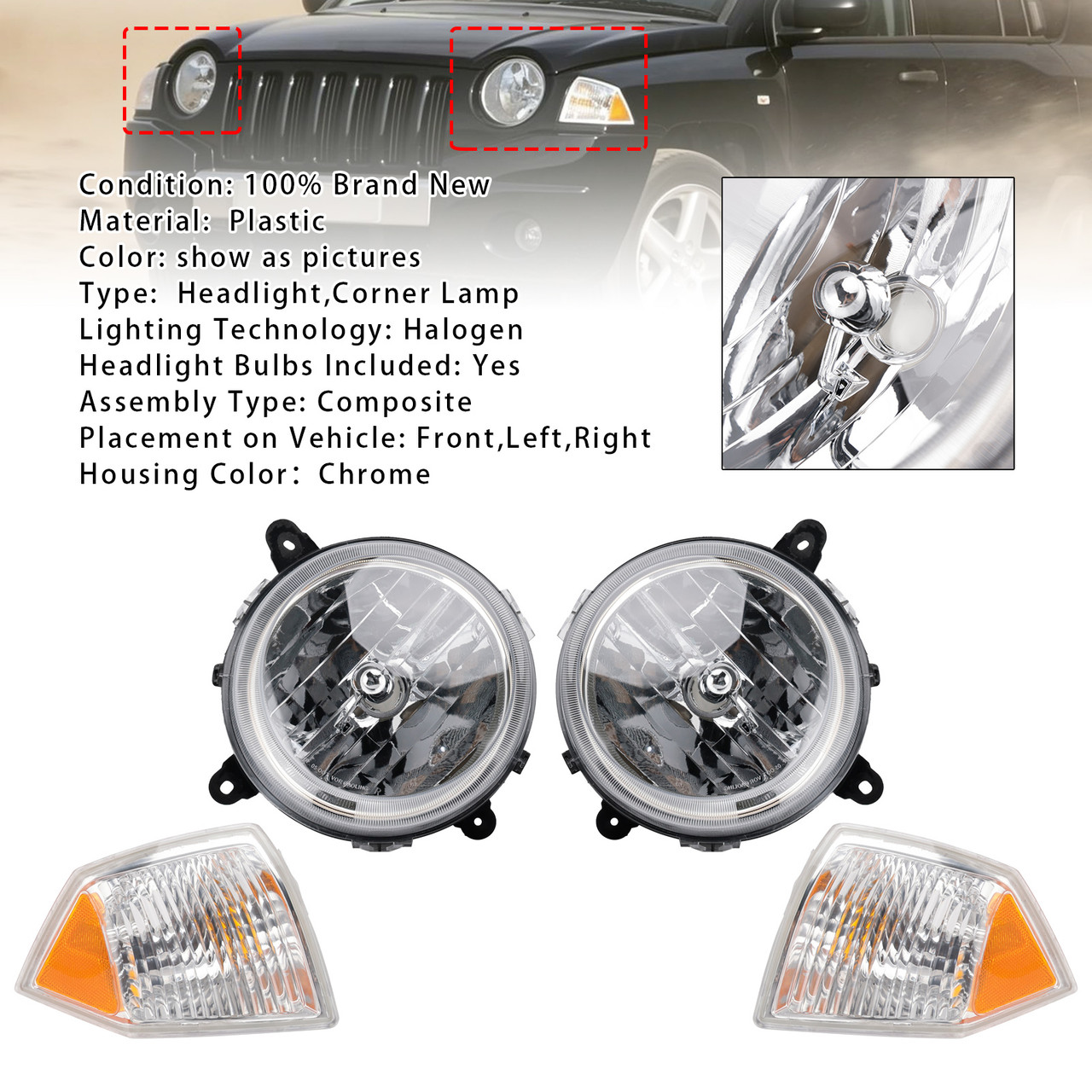 2007-2010 Jeep Patriot 4PCS Left+Right Headlights+Corner Lamp Kit Generic