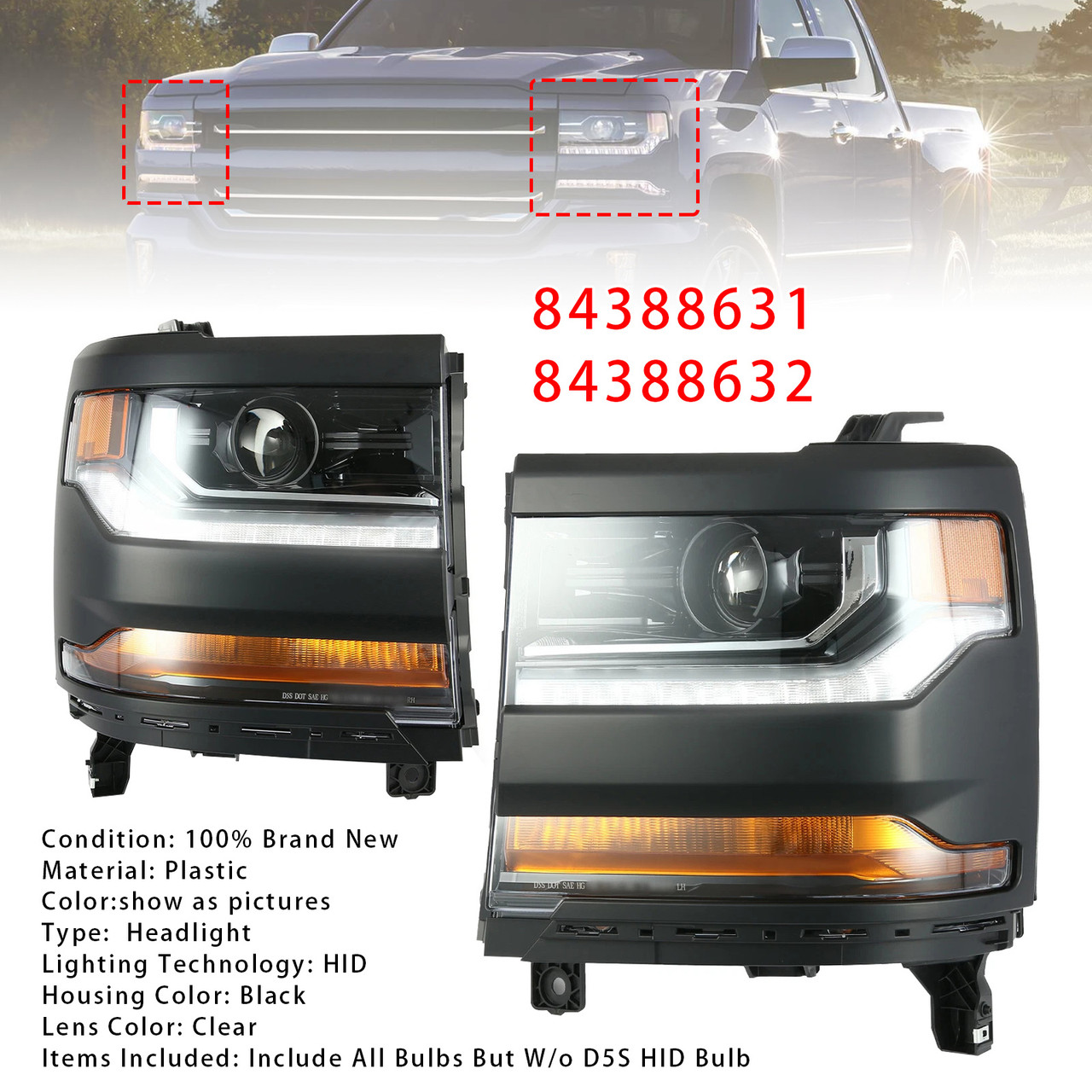2016-2019 Chevy Silverado 1500 Left+Right HID Xenon Projector Headlight 84388631 84388632 Generic
