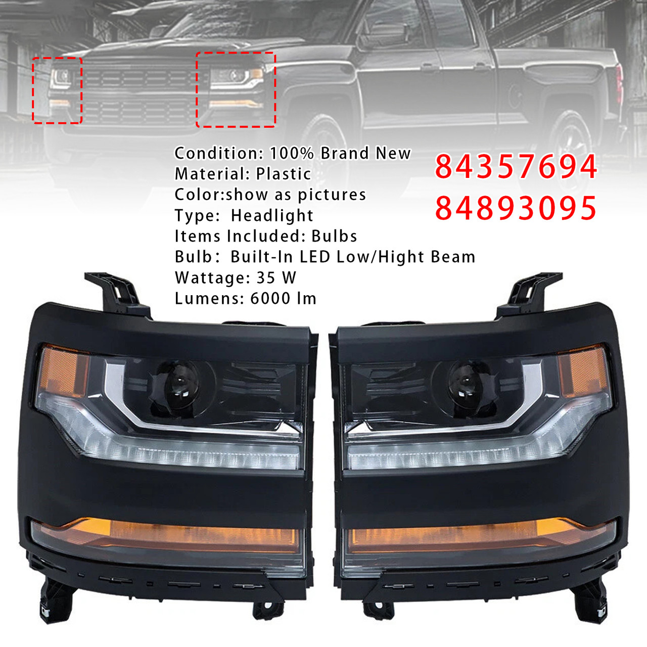 2016-2019 Chevy Silverado 1500 Left+Right LED Headlight 84357694 84893095 Gloss Black Generic