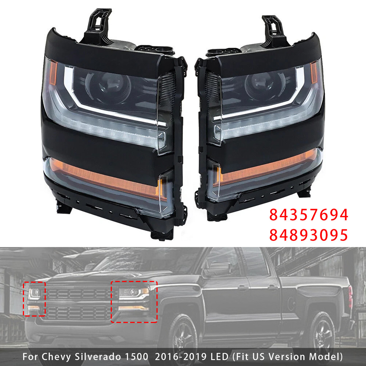 2016-2019 Chevy Silverado 1500 Left+Right LED Headlight 84357694 84893095 Gloss Black Generic