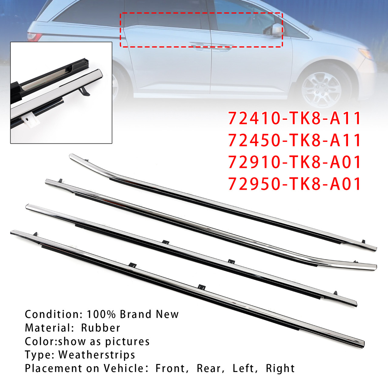 4PCS Weatherstrips Seal 72410-TK8-A11 Door Belt Molding For Honda Odyssey 2011-2017