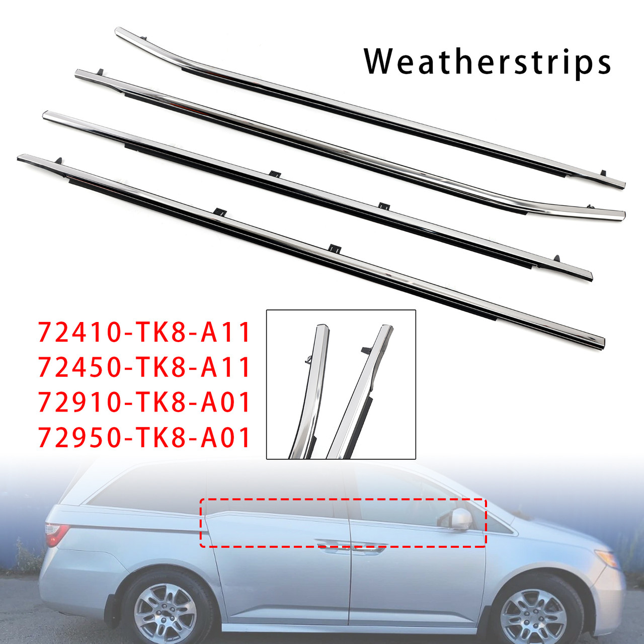 4PCS Weatherstrips Seal 72410-TK8-A11 Door Belt Molding For Honda Odyssey 2011-2017