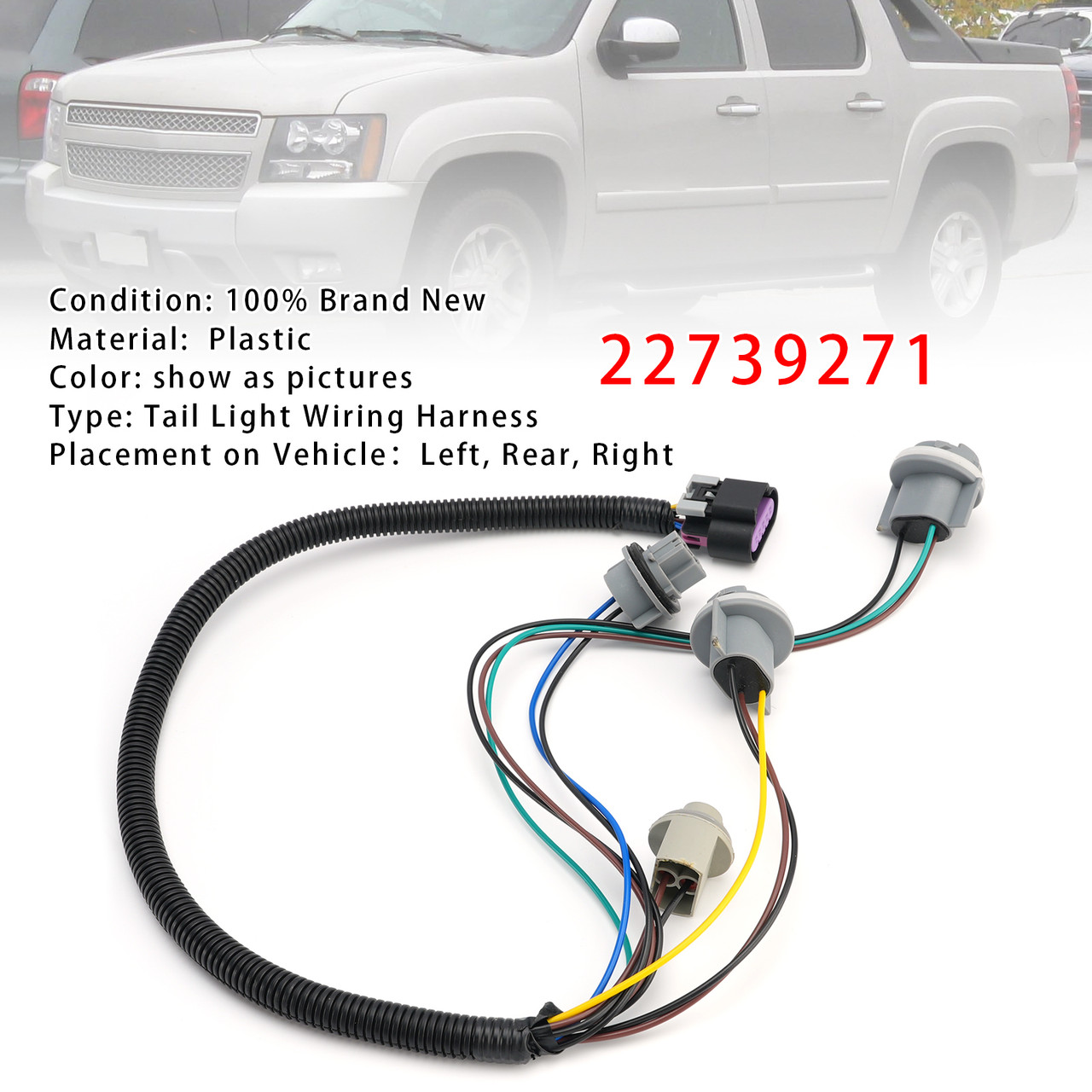 2007-2013 Chevy Avalanche Tail Light Wiring Harness Left or Right 22739271 Generic