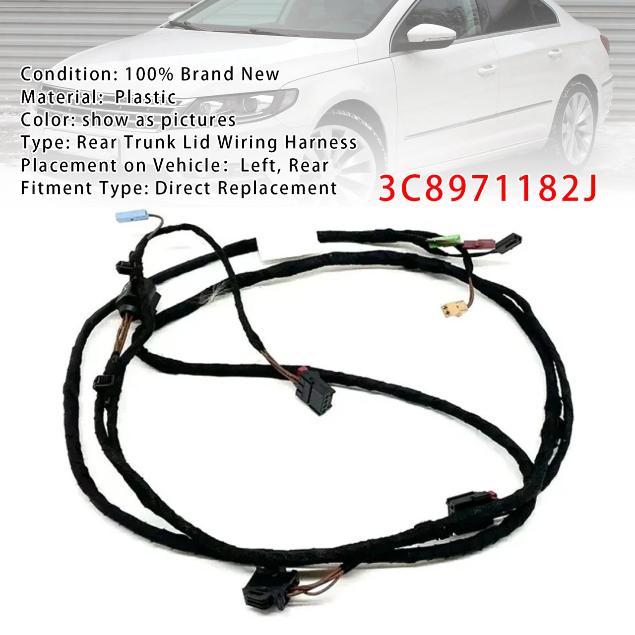 2010-2017 VW Passat CC Left Rear Trunk Lid Wiring Harness 3C8971182J Generic