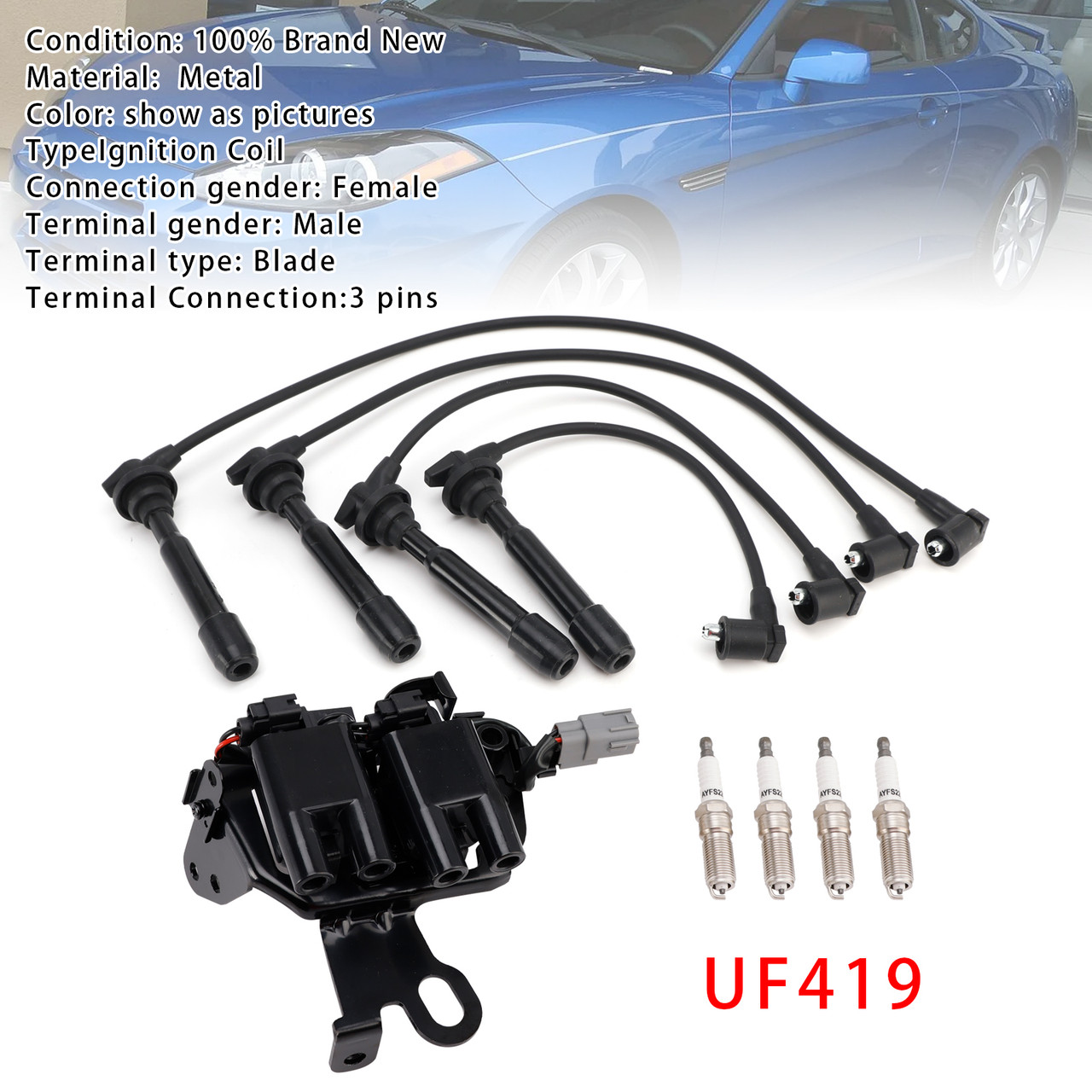 2004-2007 Kia Spectra L4 2.0L 1 Ignition Coil+4 Spark Plug+ Wires Pack UF419 Generic