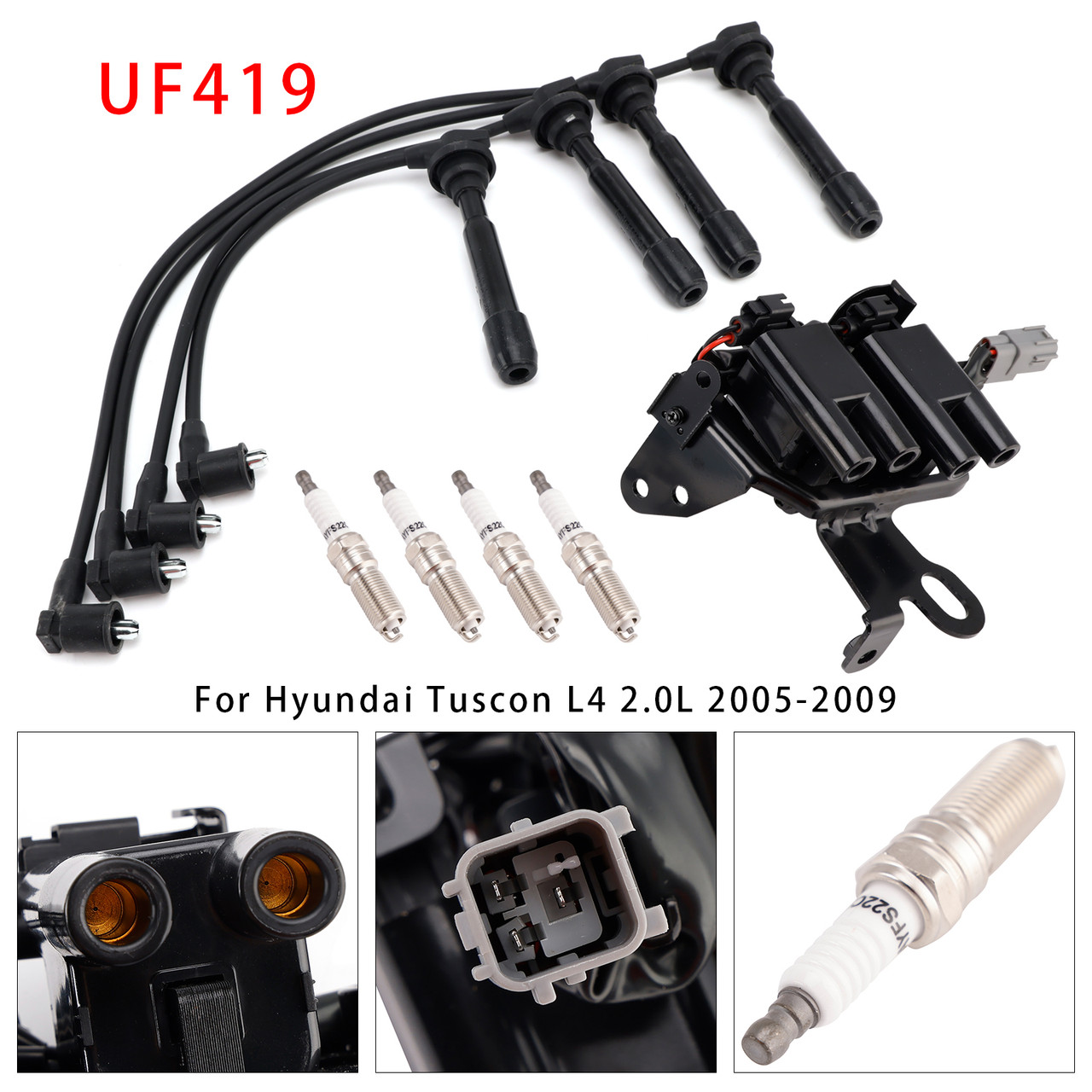 2004-2007 Kia Spectra L4 2.0L 1 Ignition Coil+4 Spark Plug+ Wires Pack UF419 Generic