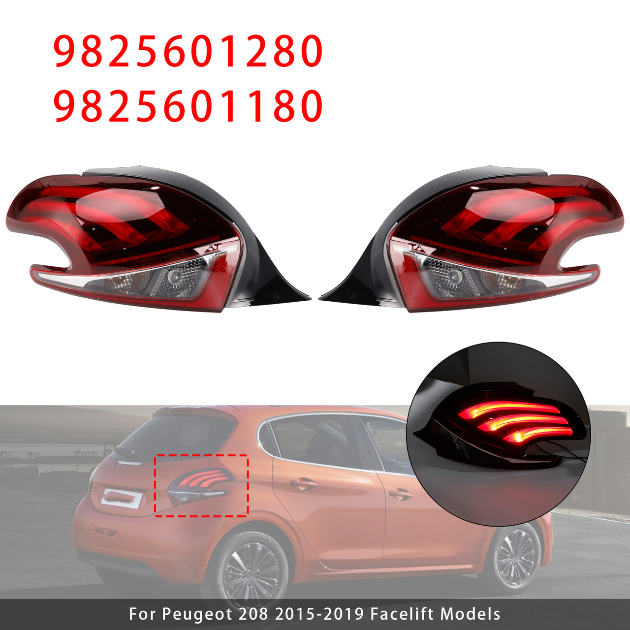 LED Rear Left+Right Tail Light Lamp For Peugeot 208 2015-2019 Facelift Models