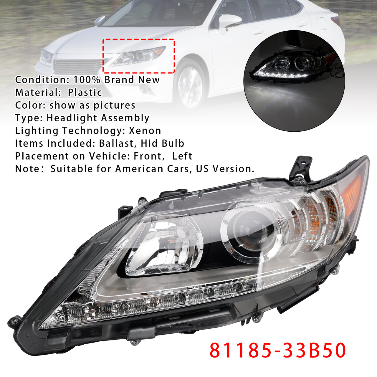 Left Hid Xenon Headlight 81185-33B50 For Lexus Es350 Es300H 2013-2015