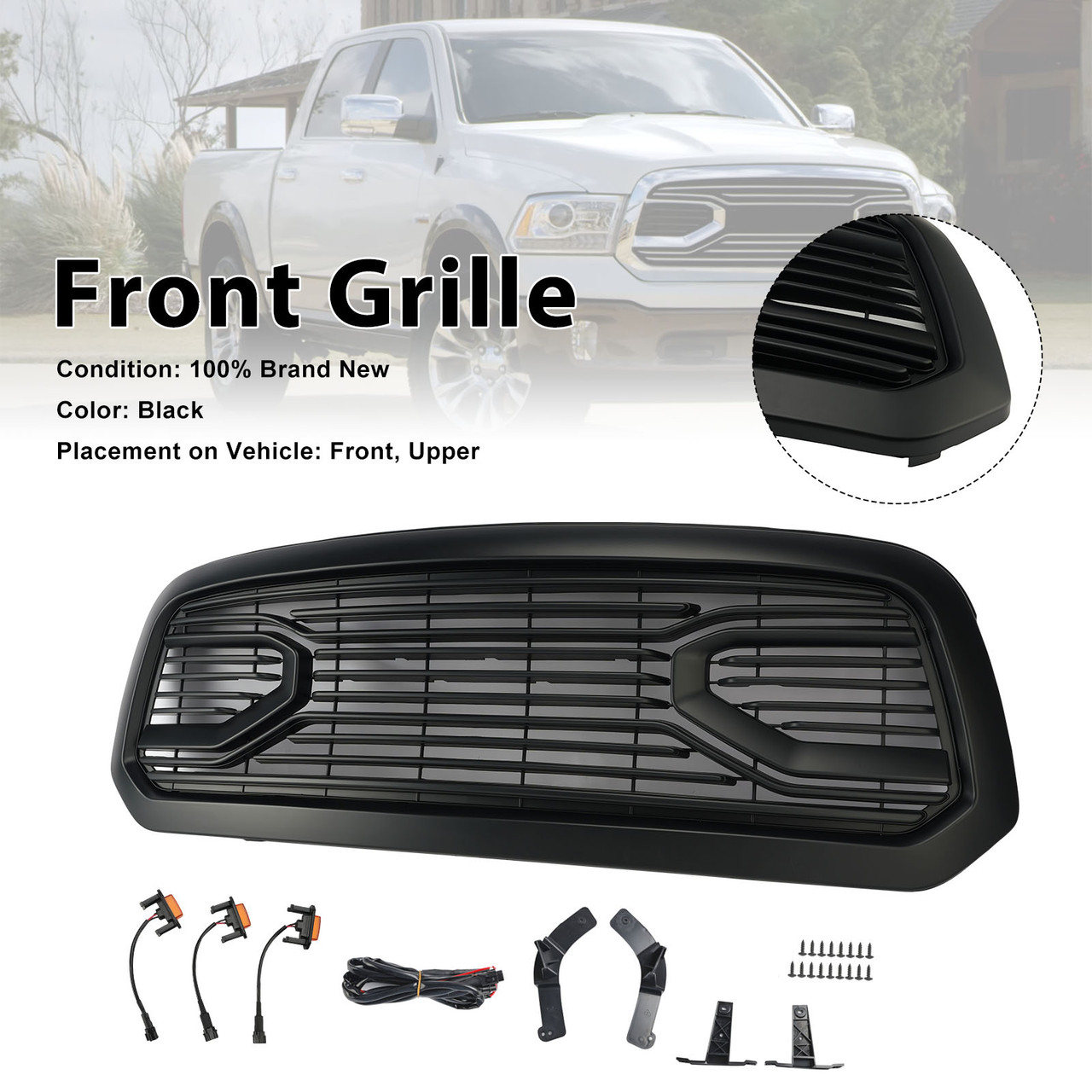 Black Big Horn Style Front Bumper Grill Grille Fit Dodge Ram 1500 2013-2018