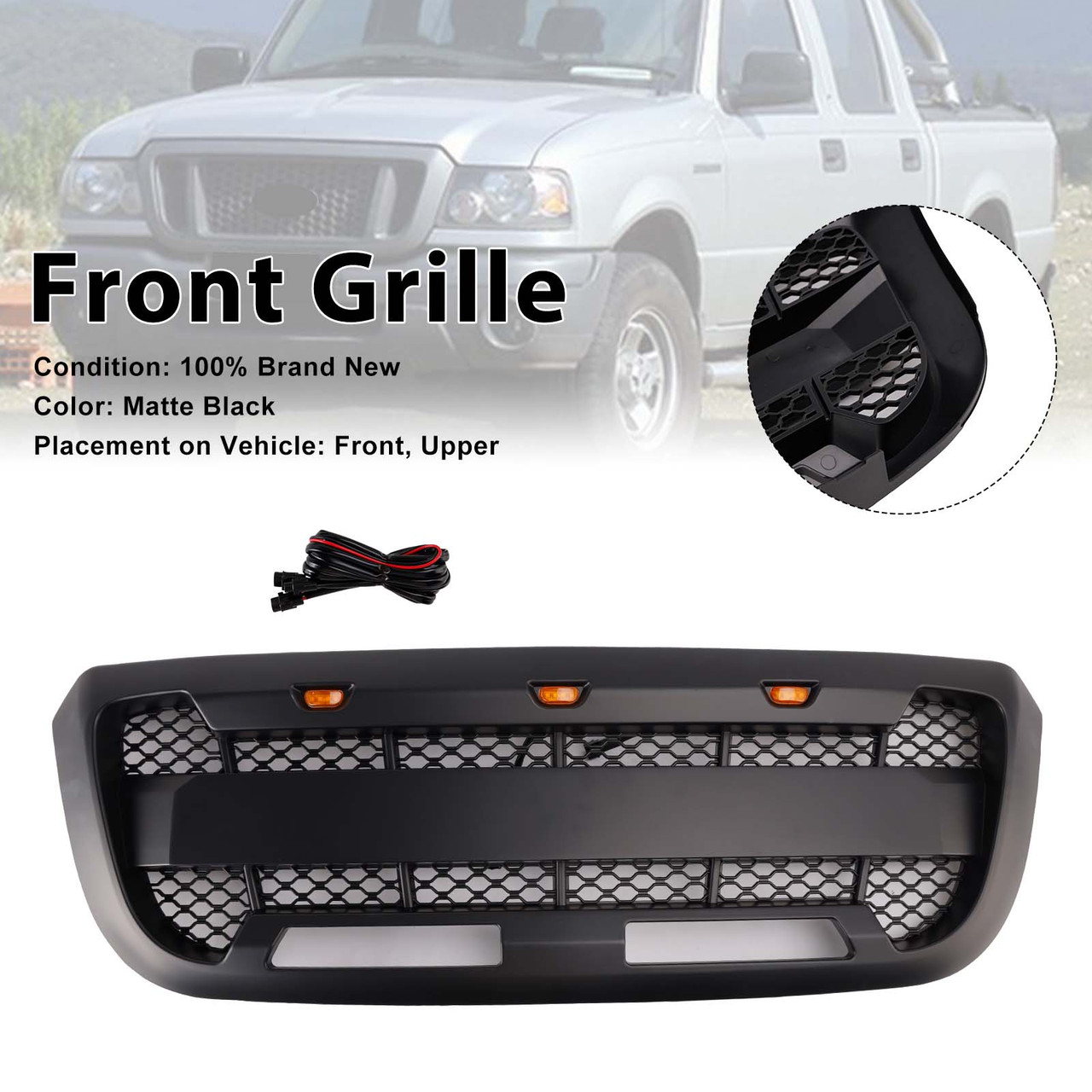 Matt Black Front Bumper Grille Grill Fit Ford Ranger 2004-2011 With LED Light