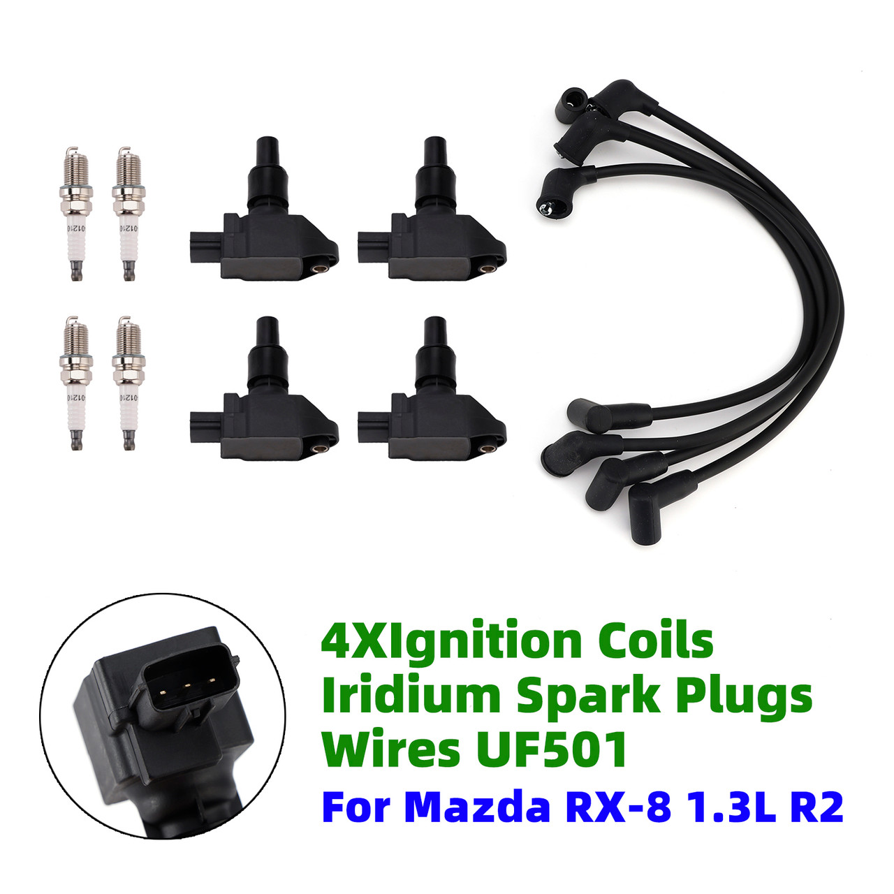 4*Ignition Coils & Iridium Spark Plugs & Wires UF501 For Mazda RX-8 1.3L R2