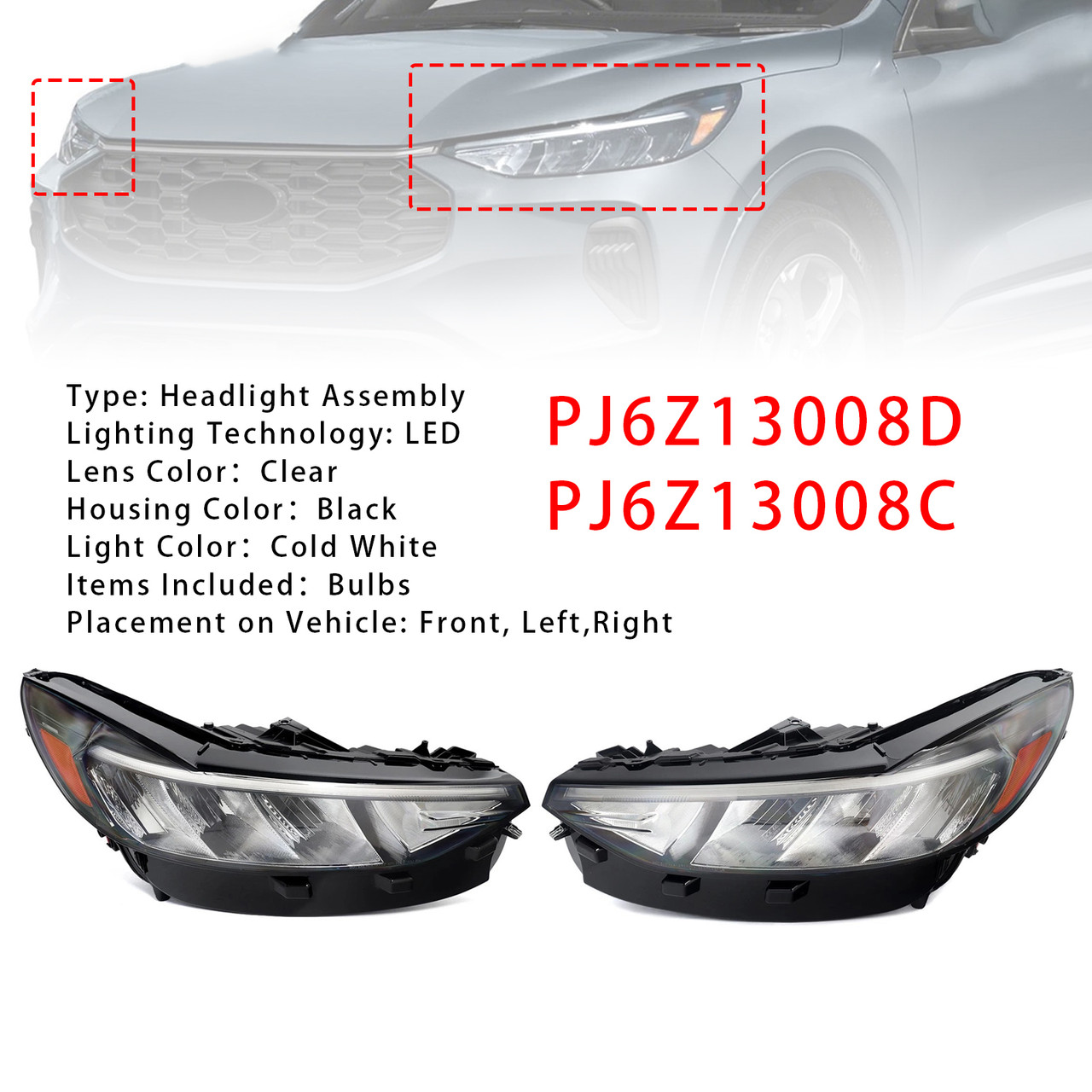 Left+Right LED Headlight Assembly PJ6Z13008D PJ6Z13008C For Ford Escape 23-2025