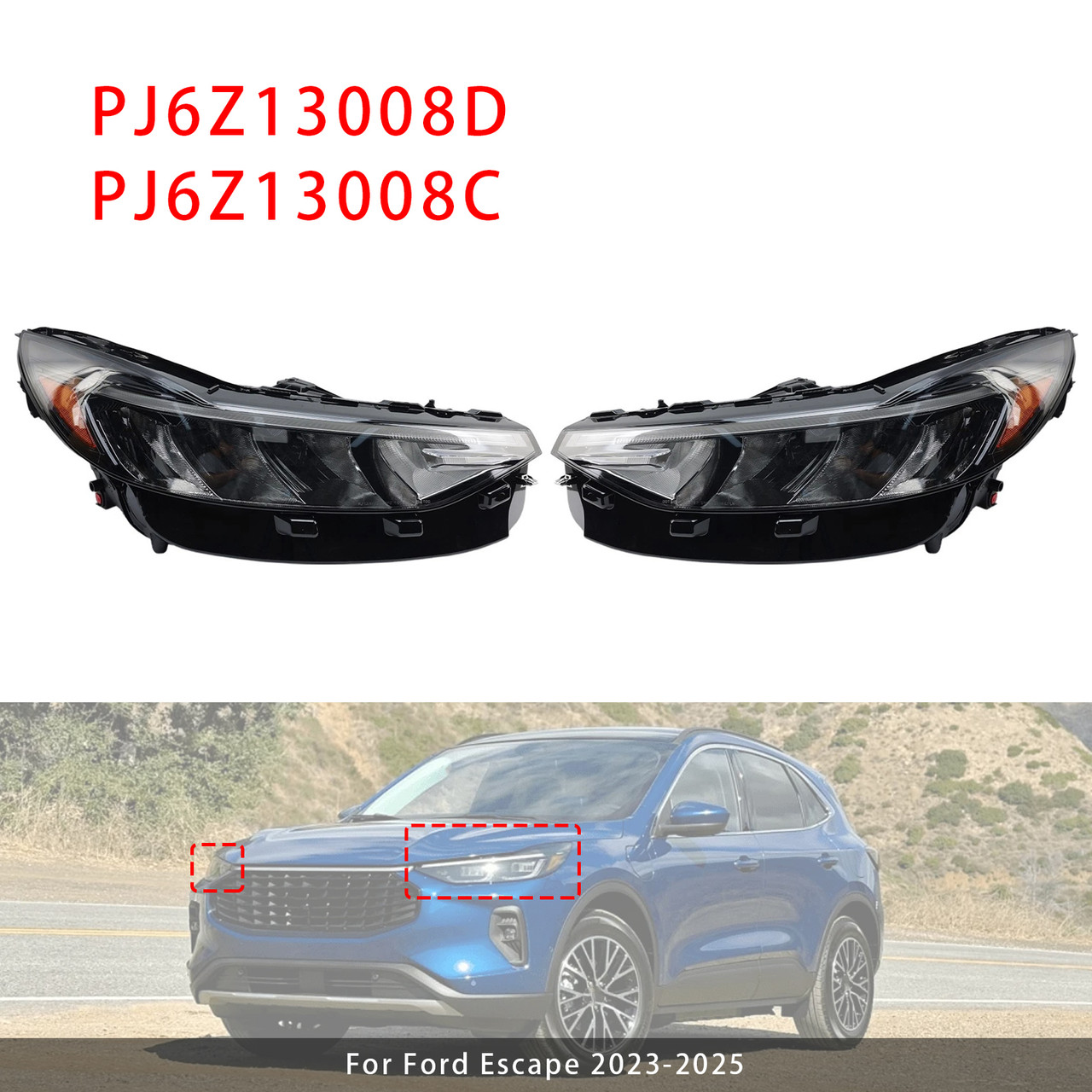 Left+Right LED Headlight Assembly PJ6Z13008D PJ6Z13008C For Ford Escape 23-2025