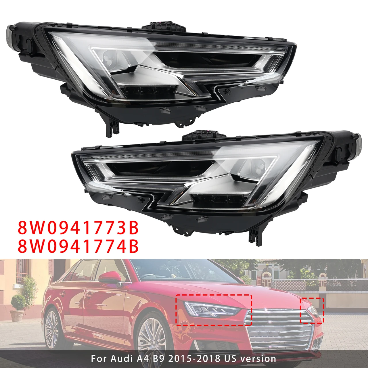 LED Left+Right Headlight 8W0941773B 8W0941774B For Audi A4 B9 2015-2018