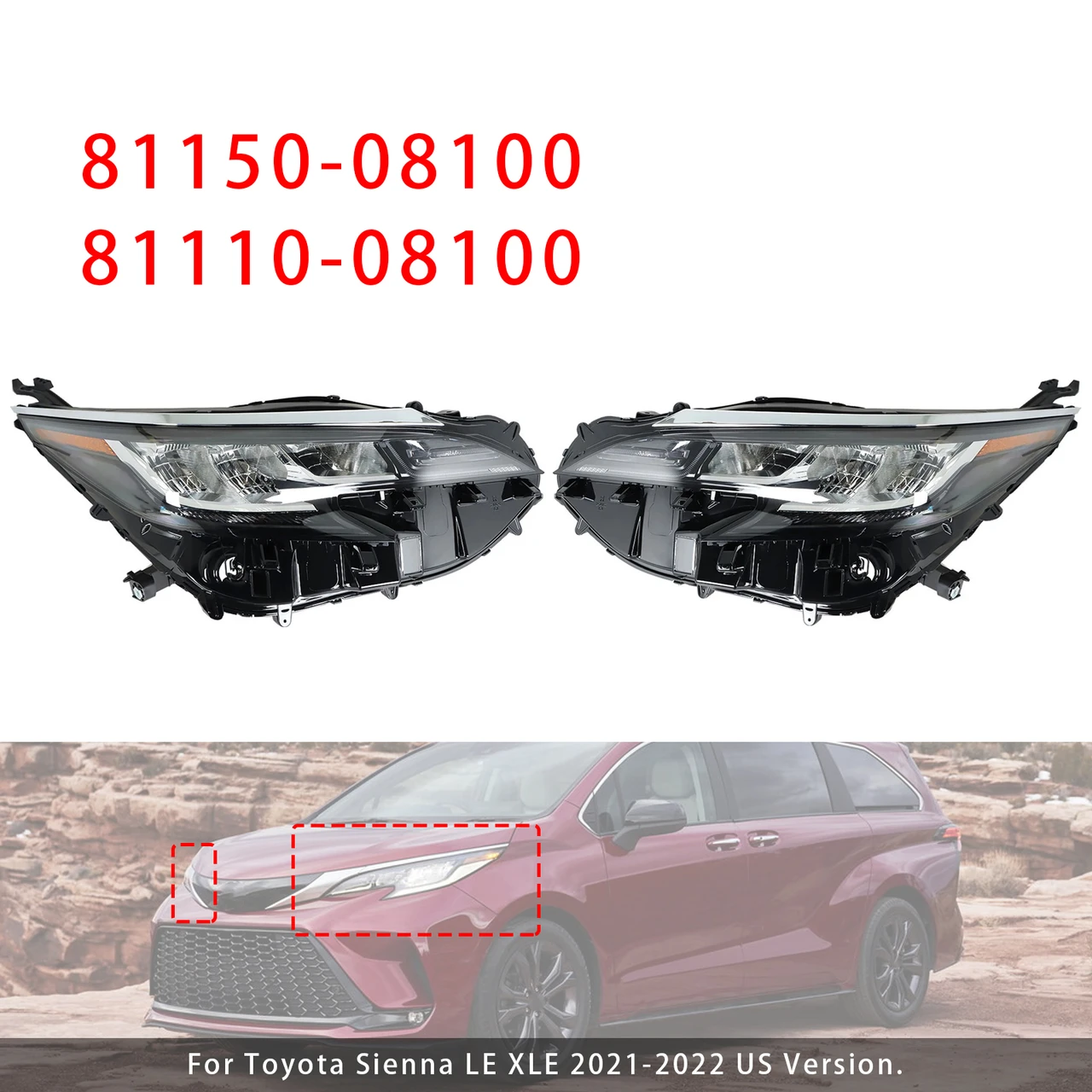 Left+Right LED Headlight Assembly LED For Toyota Sienna LE XLE 2021-2022