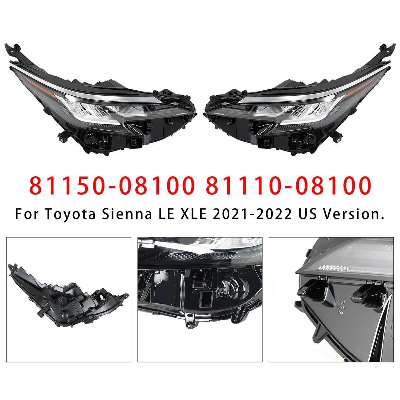 Left+Right LED Headlight Assembly LED For Toyota Sienna LE XLE 2021-2022