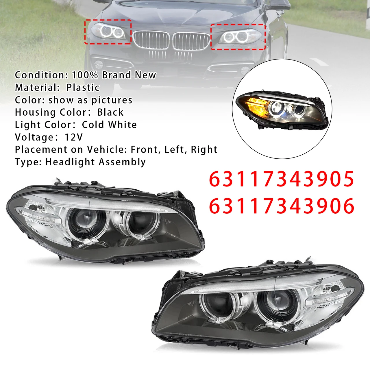Front Left+Right HID Xenon Headlight W/o AFS For BMW 5Series 528i 535i 2014-2017