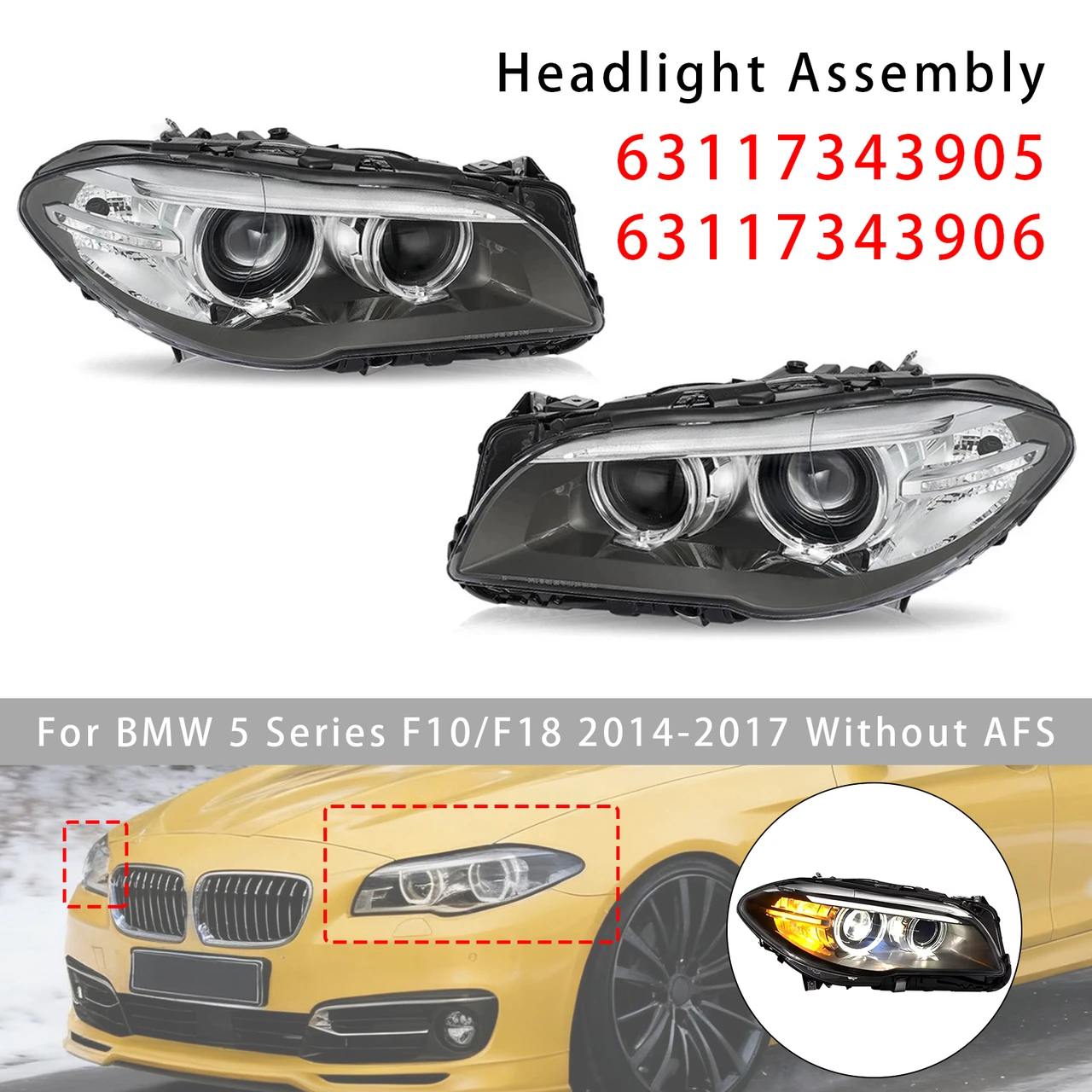 Front Left+Right HID Xenon Headlight W/o AFS For BMW 5Series 528i 535i 2014-2017