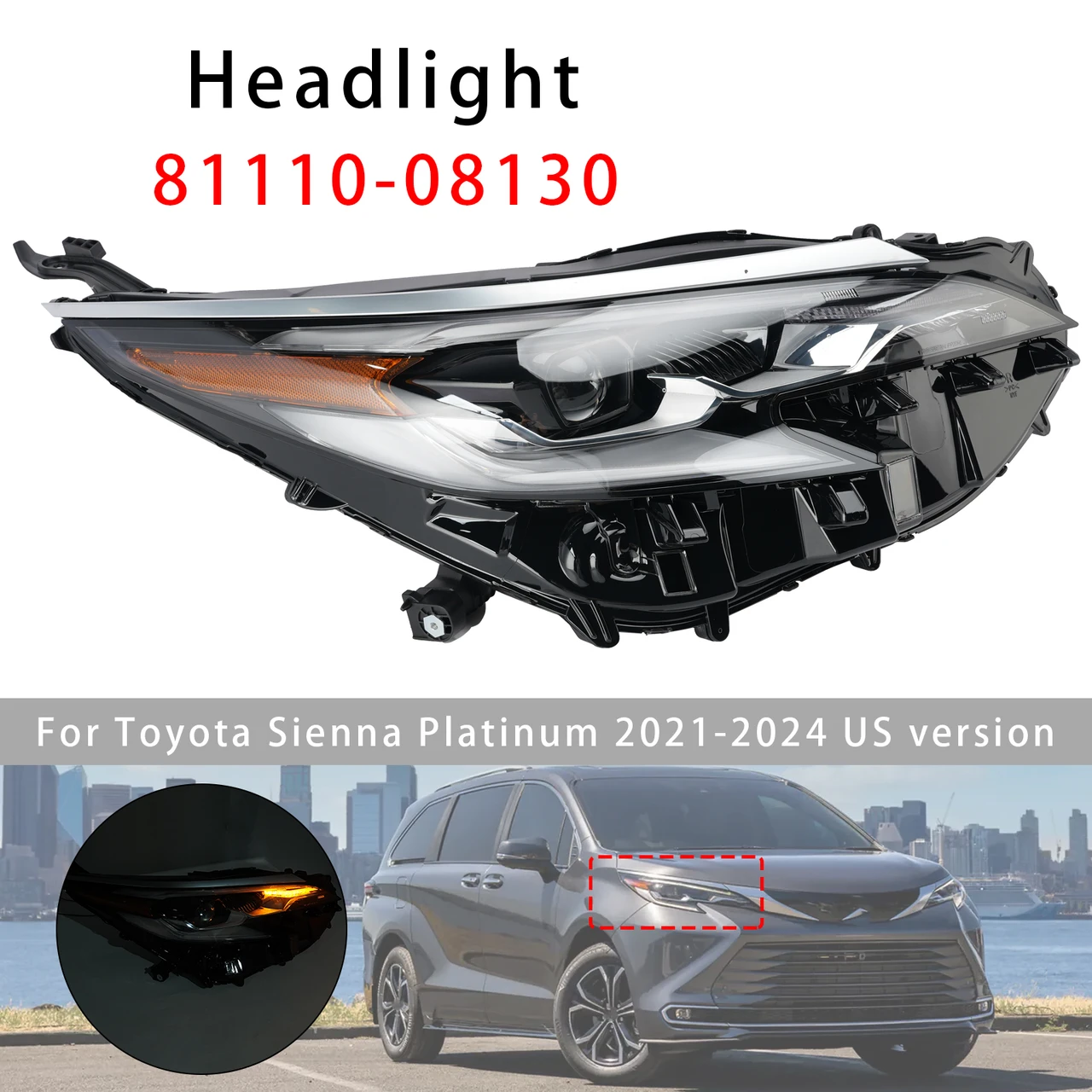 Led Right Headlight 81110-08130 For Toyota Sienna 2021-2024