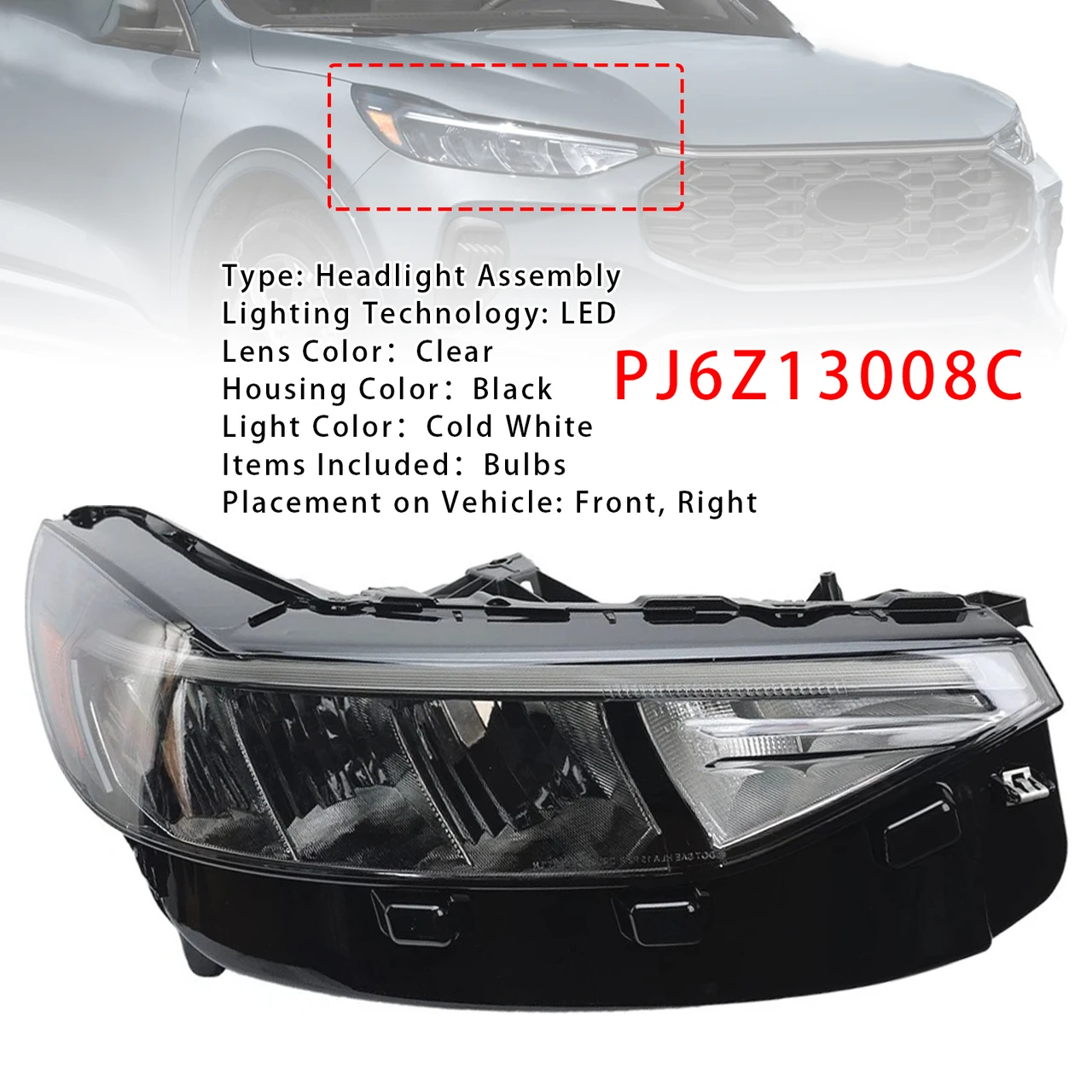 Right LED Headlight Assembly PJ6Z13008C For Ford Escape 2023-2025
