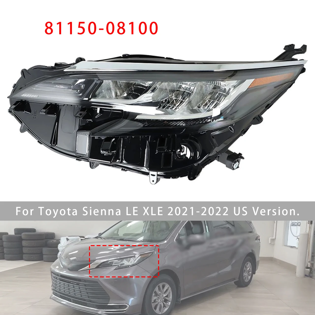 Left LED Headlight Assembly LED 81150-08100 For Toyota Sienna LE XLE 2021-2022