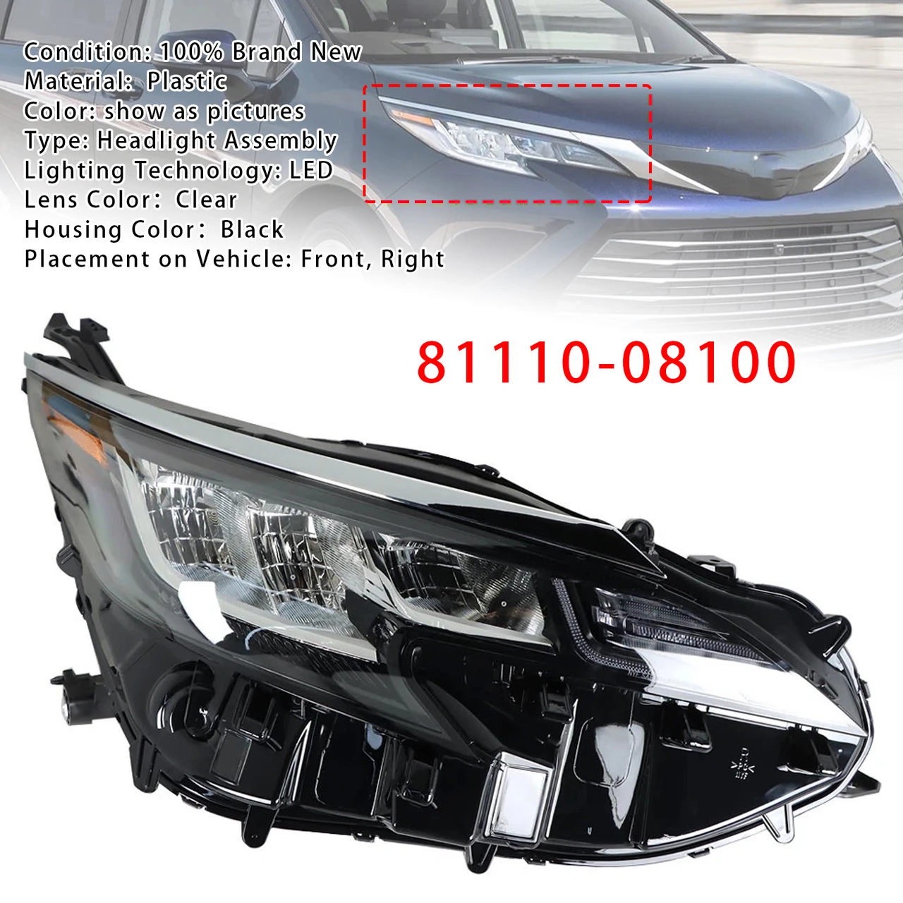 Right LED Headlight Assembly LED 81110-08100 For Toyota Sienna LE XLE 2021-2022