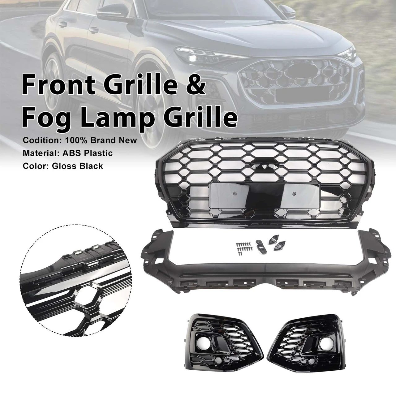 Front Bumper Grille Honeycomb Grille & Fog Light Cover Fit Audi Q5 2021-2025
