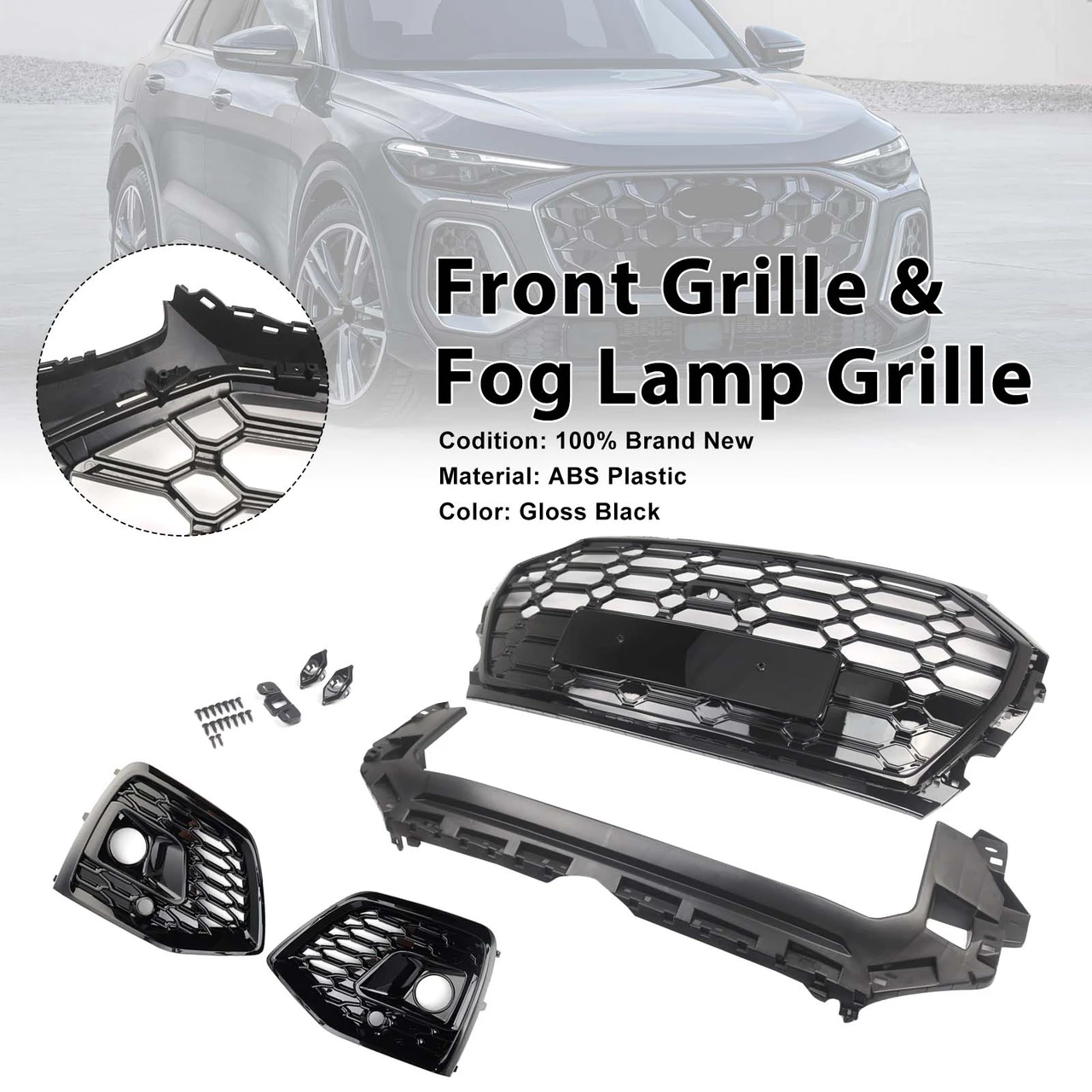 Front Bumper Grille Honeycomb Grille & Fog Light Cover Fit Audi Q5 2021-2025
