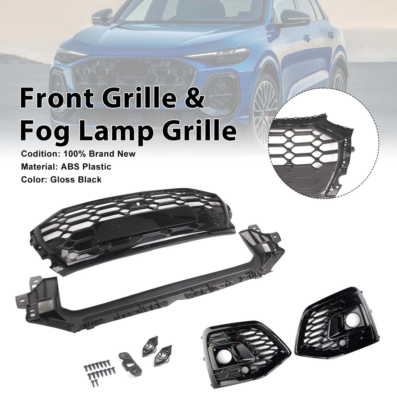 Front Bumper Grille Honeycomb Grille & Fog Light Cover Fit Audi Q5 2021-2025
