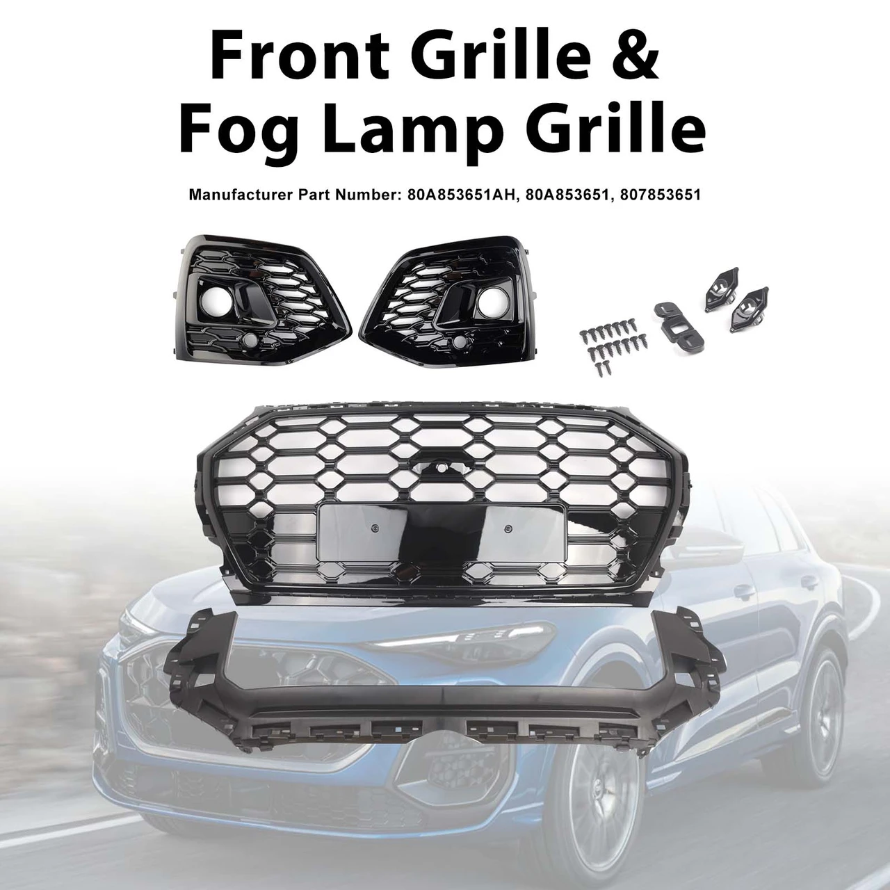 Front Bumper Grille Honeycomb Grille & Fog Light Cover Fit Audi Q5 2021-2025