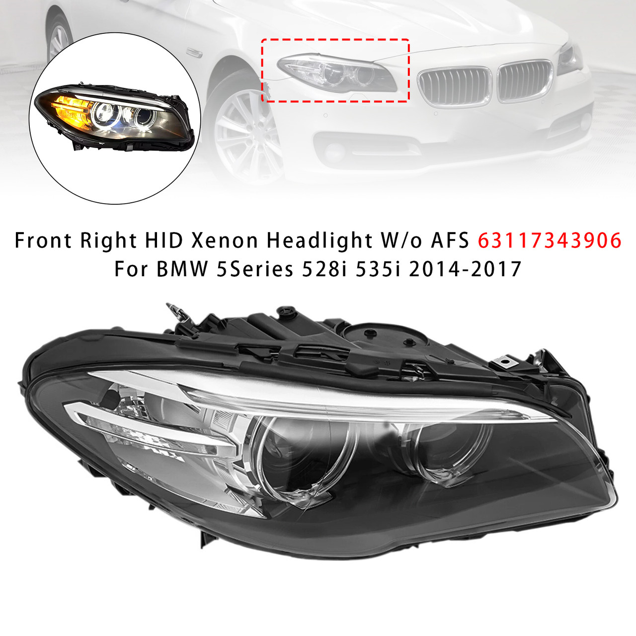 Front Right HID Xenon Headlight W/o AFS For BMW 5Series 528i 535i 2014-2017