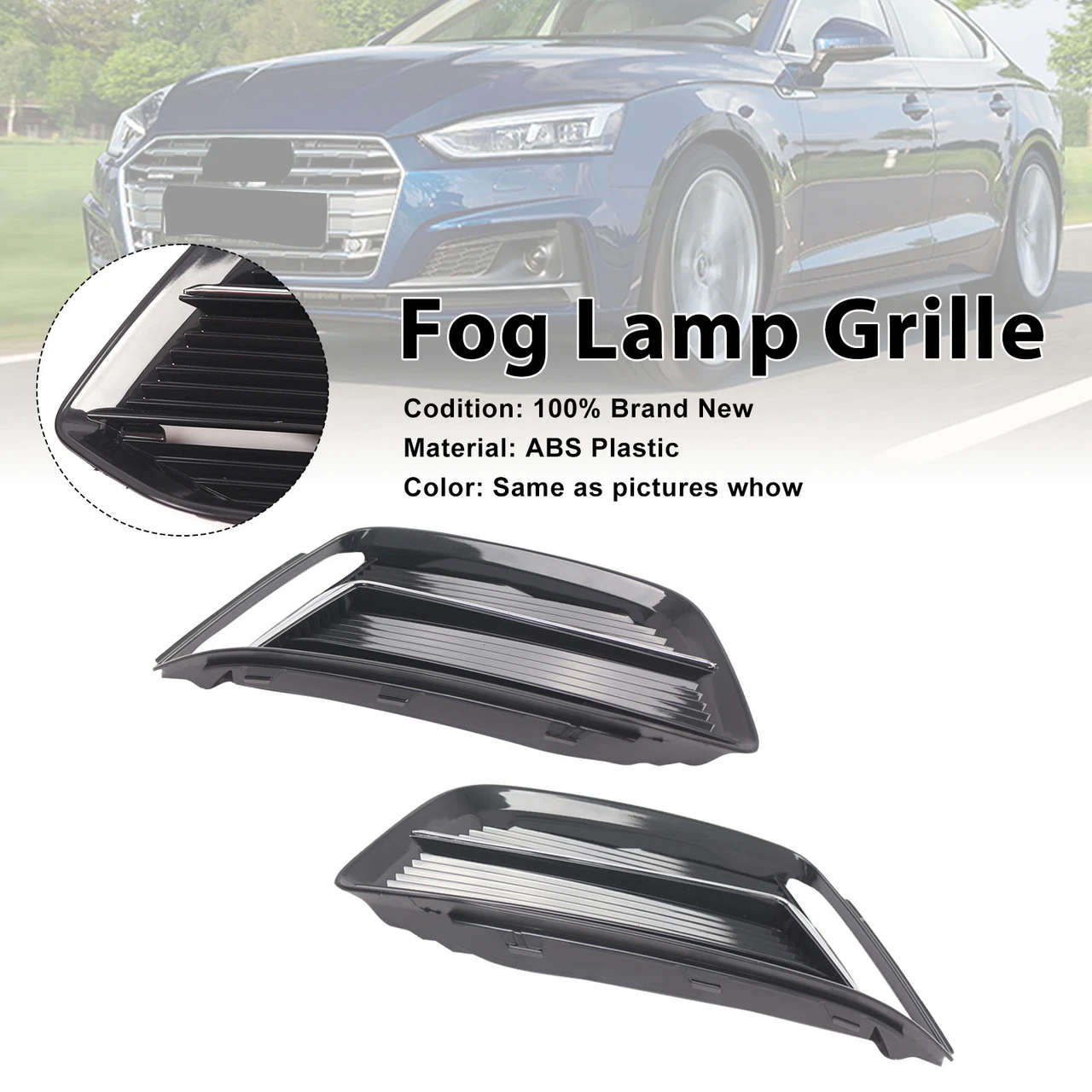Black/Chrome Front Bumper Fog Light Grille Cover Bezel Fit Audi A5 2017-2019