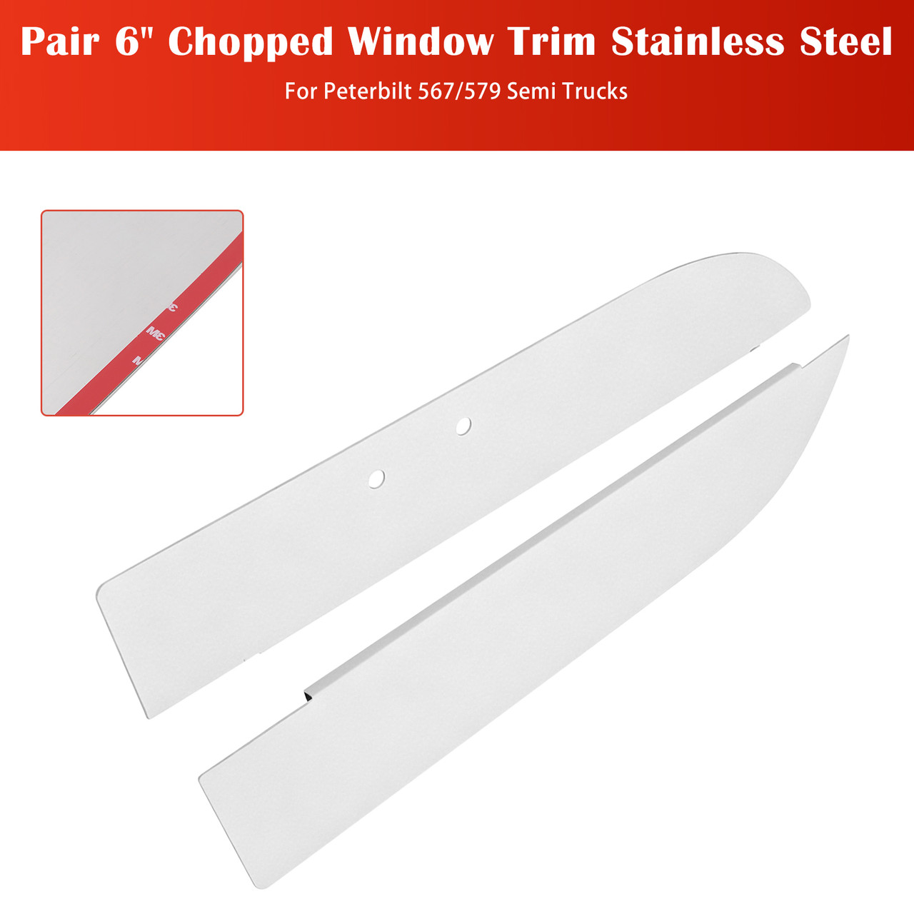 Pair 6" Chopped Window Trim Stainless Steel Chop Tops for Peterbilt 567/579